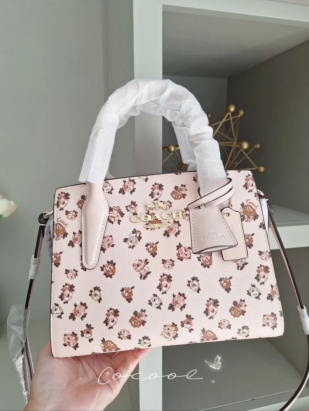 Coach Luxe Andrea Carryall Bag Crossbody Purse w Rose Print Gold Blush Multi NWT